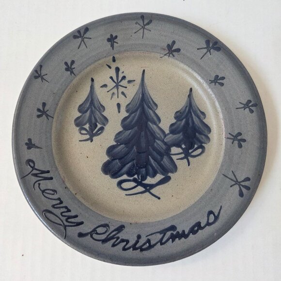 Rowe Pottery Works Merry Christmas Tree Holiday Cookies Plate 7.5" Salt Glazed - Picture 1 of 7